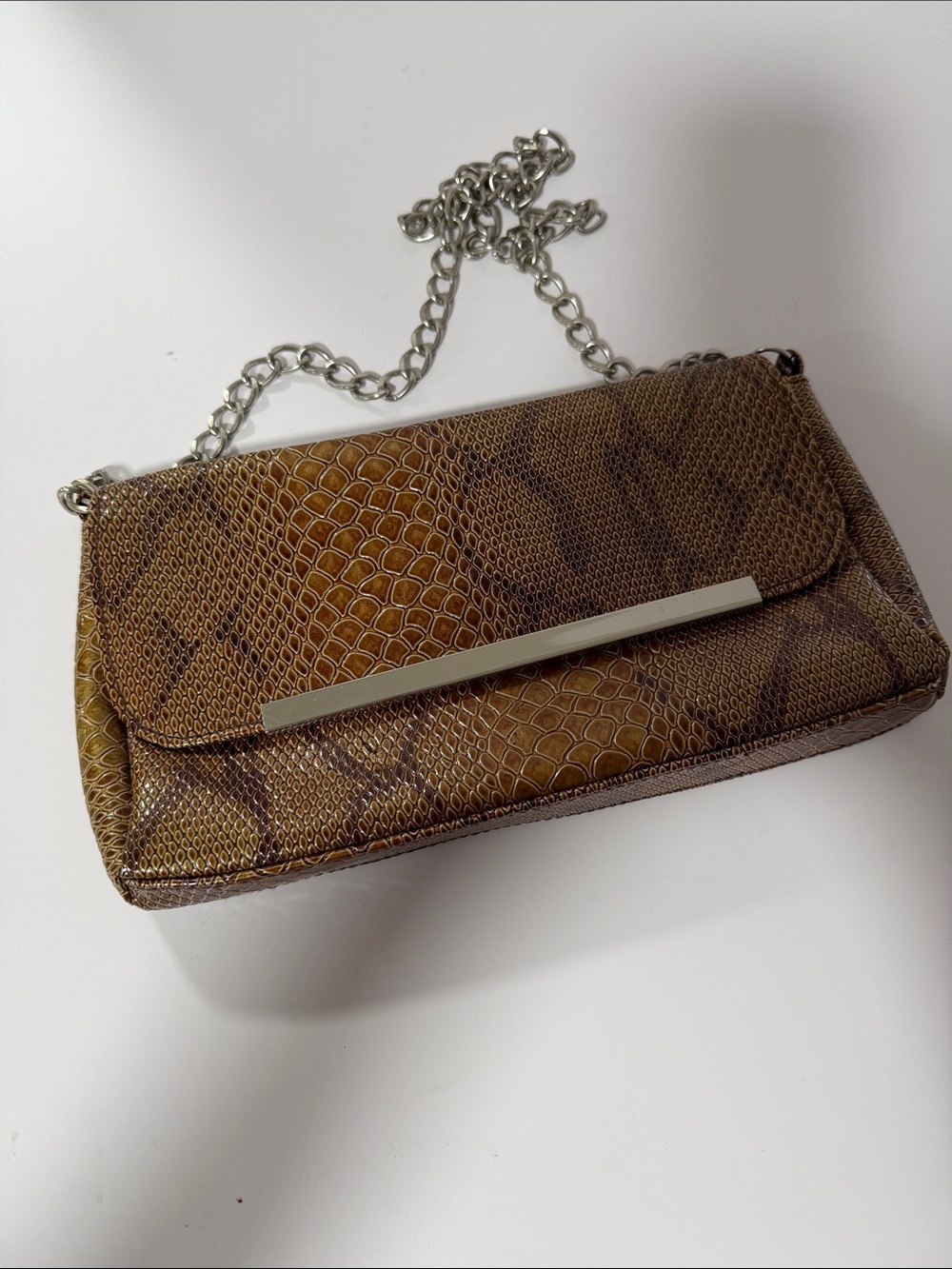 Bijoux Terner Brown Snake-Embossed Chain Shoulder Bag
